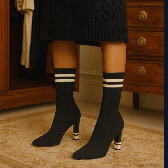 Sam Edelman Circus Joy Heeled Sock Booties in Black White Knit Sz 6 - Picture 1 of 12